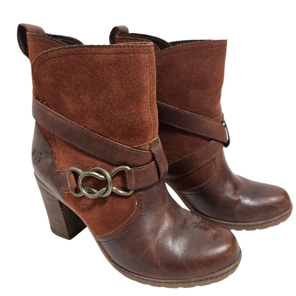 Timberland Dennett Boots 6.5 / 37.5 Brown Suede Leather Buckle Strap Heeled Moto